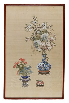 Lot 86 - CHINESE SCHOOL, PAIR OF PAINTINGS DEPICTING VASES OF FLOWERS, QING DYNASTY, 19TH CENTURY