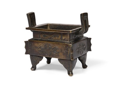 Lot 58 - A CHINESE ARCHAISTIC BRONZE CENSER, FANG DING