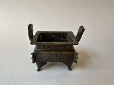 Lot 58 - A CHINESE ARCHAISTIC BRONZE CENSER, FANG DING