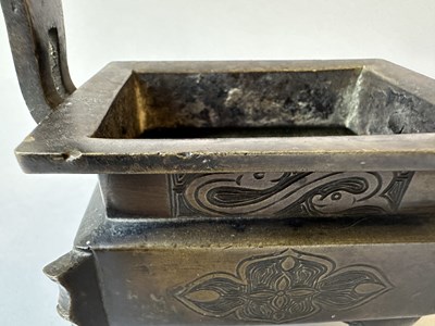 Lot 58 - A CHINESE ARCHAISTIC BRONZE CENSER, FANG DING