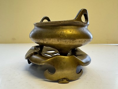 Lot 65 - A CHINESE BRONZE CENSER AND STAND, QING DYNASTY