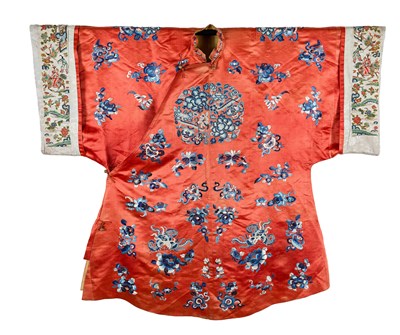 Lot 42 - A MANCHU RED SILK ROBE, QING DYNASTY, LATE 19TH CENTURY
