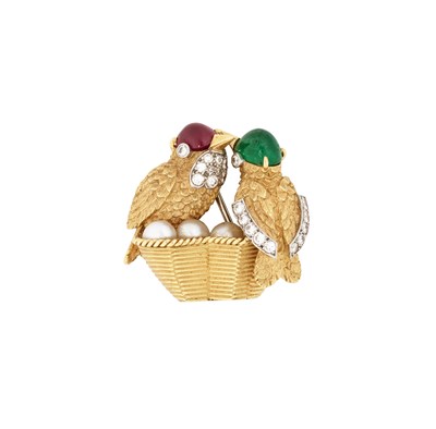 Lot 500 - CARTIER: RUBY, EMERALD, PEARL AND DIAMOND BROOCH, 1960s