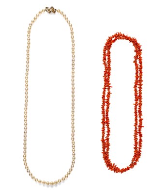 Lot 398 - CULTURED PEARL NECKLACE, CORAL NECKLACE AND A COCKTAIL RING