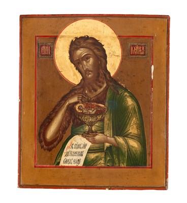 Lot 58 - A RUSSIAN ICON OF SAINT JOHN AS ANGEL OF THE DESERT, MSTERA OR PALEKH SCHOOL, 19TH CENTURY