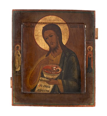 Lot 60 - A RUSSIAN ICON OF SAINT JOHN AS THE ANGEL OF THE DESERT WITH GUARDIAN ANGEL AND FEMALE SAINT, VILLAGE SCHOOL, 19TH CENTURY