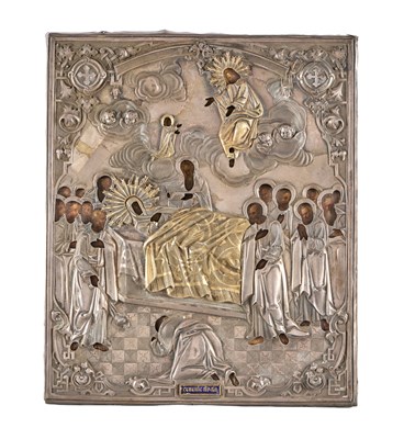 Lot 59 - A RUSSIAN ICON OF THE DORMITION OF THE MOTHER OF GOD WITH PARCEL-GILT SILVER OKLAD, DIMITRY ORLOV, MOSCOW, 1860