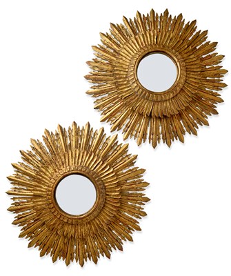 Lot 35 - A PAIR OF GILTWOOD SUNBURST CONVEX MIRRORS, 20TH CENTURY