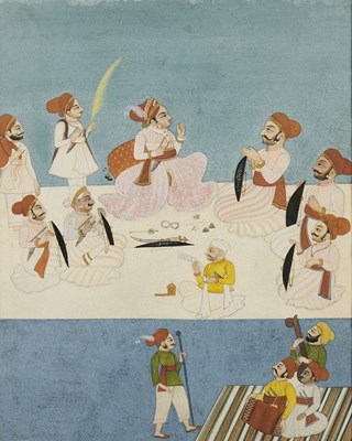 Lot 28 - A RULER AND HIS COURTIERS, MEWAR, RAJASTHAN, 18TH CENTURY