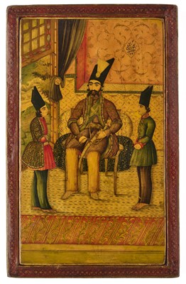 Lot 17 - A QAJAR LACQUERED PAPIER-MACHE MIRROR CASE WITH A ROYAL PORTRAIT, PERSIA, DATED 1854-5