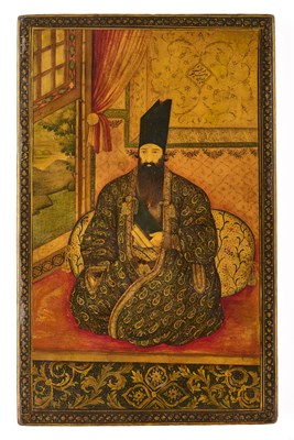 Lot 17 - A QAJAR LACQUERED PAPIER-MACHE MIRROR CASE WITH A ROYAL PORTRAIT, PERSIA, DATED 1854-5