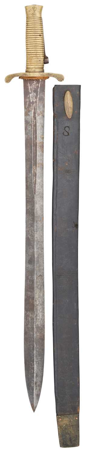 Lot 8 - A BRITISH BAYONET FOR A BRUNSWICK PERCUSSION SERVICE RIFLE, DATED 1849