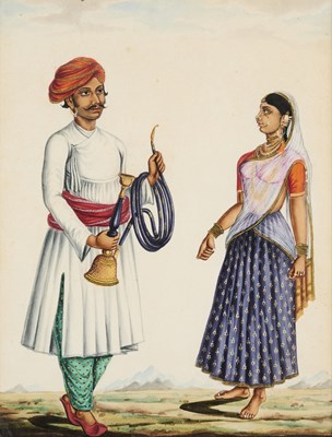 Lot 35 - A DEPICTION OF A HOOKAH BEARER AND HIS WIFE, TANJORE, SOUTH INDIA, CIRCA 1820