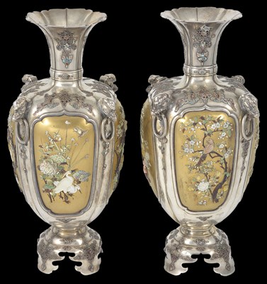 Lot 113 - A PAIR OF JAPANESE SILVER AND LACQUER VASES