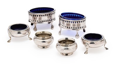 Lot 134 - THREE PAIRS OF SILVER SALT CELLARS, GEORGIAN & VICTORIAN, ALL LONDON