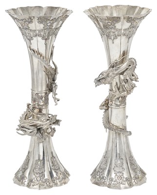 Lot 117 - A PAIR OF JAPANESE SILVER VASES