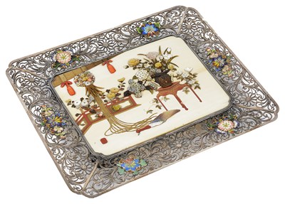 Lot 118 - A JAPANESE SILVER, ENAMEL AND IVORY DISH