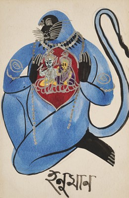 Lot 58 - A KALIGHAT PAINTING OF HANUMAN, KOLKATA, INDIA, CIRCA 1890