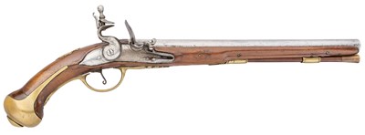 Lot 160 - A BAVARIAN OR PRUSSIAN 16 BORE FLINTLOCK HOLSTER PISTOL THE LOCK SIGNED P. SELLIER, REIGN OF