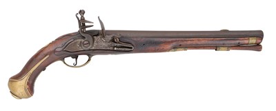 Lot 192 - A NETHERLANDISH 14 BORE FLINTLOCK MILITARY HOLSTER PISTOL BY FROME A MASTRICHT (SIC)