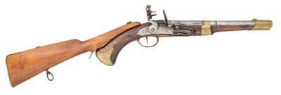 Lot 215 - A SWEDISH 20 BORE FLINTLOCK CAVALRY PISTOL WITH SHOULDER-STOCK, PROBABLY REIGN OF GUSTAV III