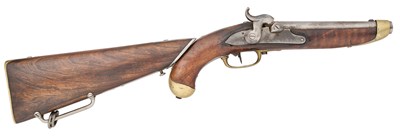 Lot 288 - A GERMAN (BADEN) 13 BORE PERCUSSION PISTOL CARBINE WITH DETACHABLE SHOULDER-STOCK, REIGN OF LEOPOLD