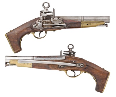 Lot 251 - A BRACE OF SPANISH 13 BORE MIQUELET-LOCK LIGHT CAVALRY BELT PISTOLS, REIGN OF CHARLES III