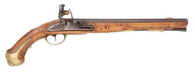 Lot 202 - A SWISS 13 BORE FLINTLOCK MILITARY HOLSTER PISTOL, MID-18TH CENTURY