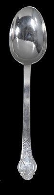 Lot 144 - A JAMES II SILVER LACEBACK TREFID SPOON