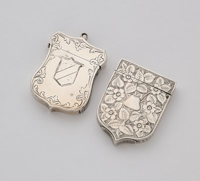 Lot 631 - TWO VICTORIAN SILVER SHIELD SHAPED VESTA CASES, BOTH BIRMINGHAM, 1884