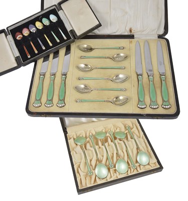 Lot 170 - A SET OF SIX NORWEGIAN SILVER-GILT AND ENAMEL DESSERT SPOONS