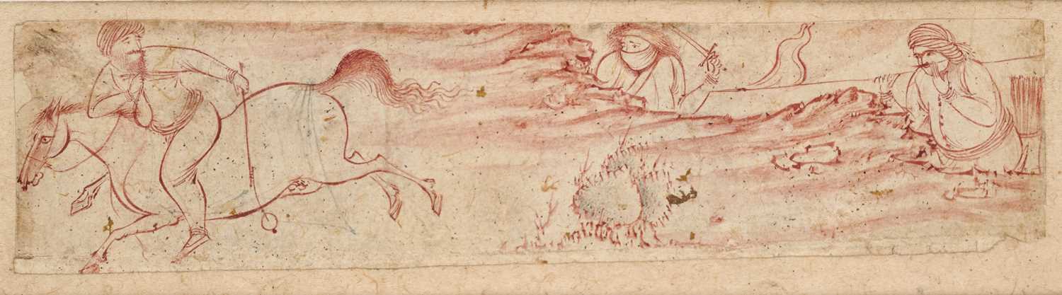 Lot 41 - A SAFAVID DRAWING OF A HORSEMEN, IN THE STYLE OF REZA-I-ABBASI, PERSIA, CIRCA 1600