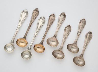 Lot 695 - EIGHT VICTORIAN SILVER GRECIAN PATTERN CONDIMENT SPOONS, CHAWNER & CO., LONDON, 1853/61/77