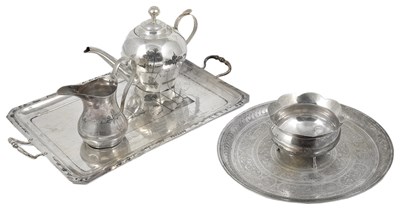 Lot 181 - AN IRAQI SILVER THREE-PIECE TEA SET AND TRAY