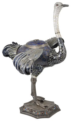 Lot 196 - A LARGE AUSTRIAN ENAMEL, SILVER AND LAPIS LAZULI FIGURE OF AN OSTRICH