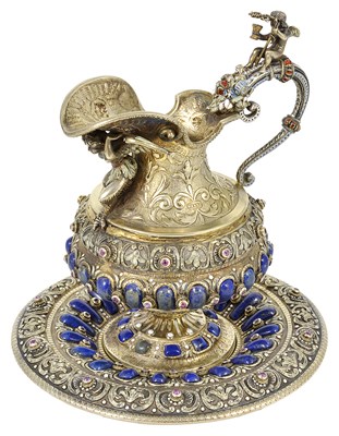 Lot 198 - AN AUSTRIAN SILVER-GILT, ENAMELLED AND GEM-SET SMALL EWER AND BASIN