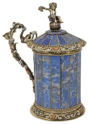 Lot 199 - AN AUSTRIAN LAPIS LAZULI SILVER-GILT AND ENAMEL TANKARD