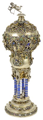 Lot 200 - AN AUSTRIAN GEM-SET AND ENAMEL SILVER-GILT STANDING CUP AND COVER