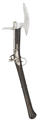 Lot 189 - A RARE SWEDISH 20 BORE FLINTLOCK AXE-PISTOL, EARLY 18TH CENTURY