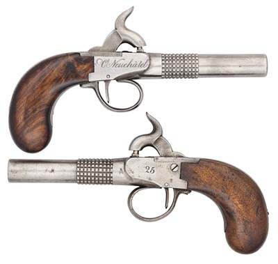 Lot 226 - TWO RARE SWISS 50 BORE PERCUSSION MODEL 1851 SUPERIMPOSED-LOAD BOX-LOCK POLICE PISTOLS