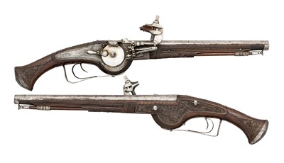 Lot 364 - A FINE AND RARE PAIR OF 40 BORE GERMAN WHEEL-LOCK HOLSTER PISTOLS STOCKED BY THE SO-CALLED MEISTER DER TIERKOPFRANKE, SECOND QUARTER OF THE 17TH CENTURY