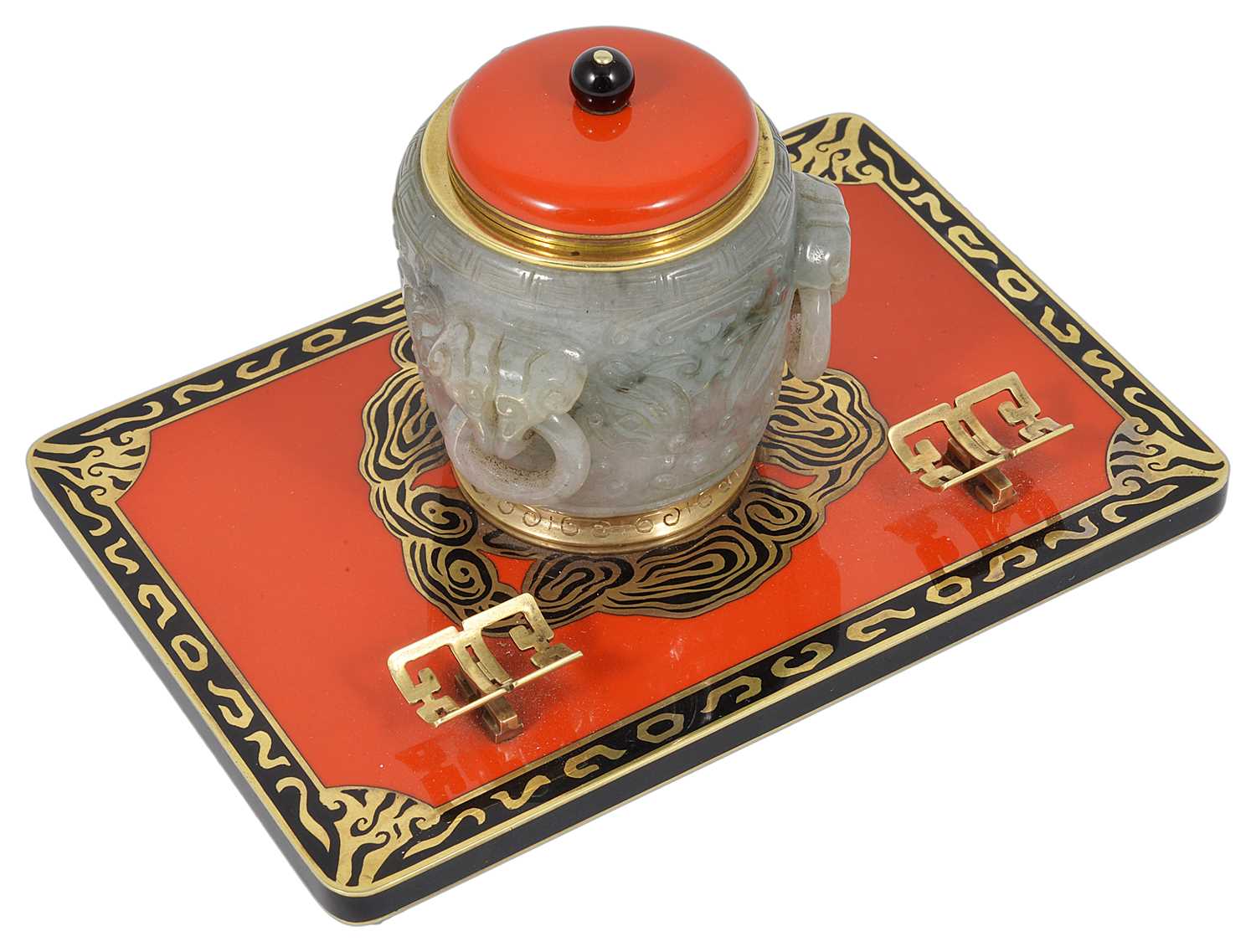 Lot 392 - A GOLD, ENAMEL AND JADE INKSTAND