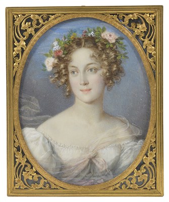 Lot 421 - A PORTRAIT MINIATURE OF A YOUNG LADY