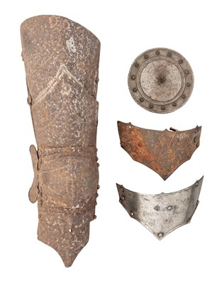 Lot 153 - A CUISSE AND POLEYN FOR THE RIGHT LEG AND TWO TASSET-LAMES IN GERMAN LATE 15TH CENTURY STYLE, AND A BESAGUE IN LATE 16TH CENTURY GERMAN STYLE,  ALL 19TH CENTURY