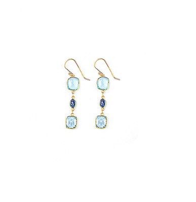 Lot 497 - PAIR OF AQUAMARINE AND SAPPHIRE EAR PENDANTS