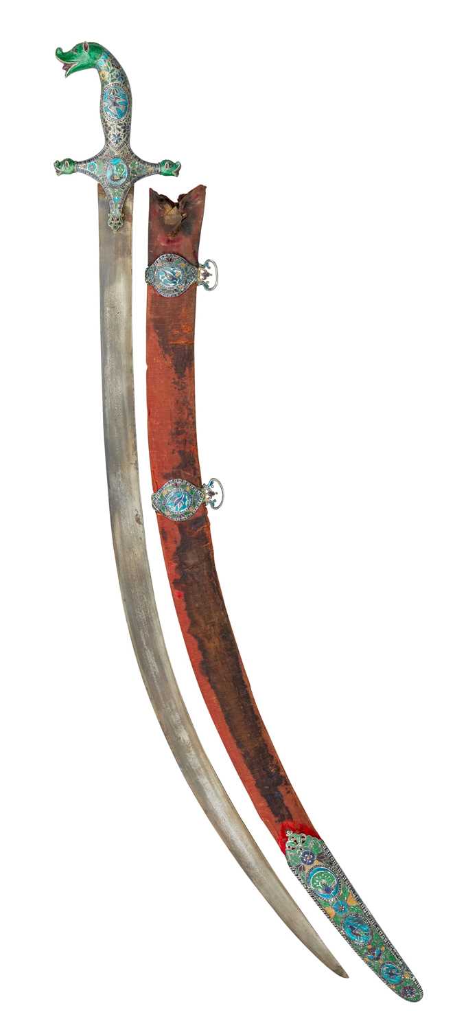 Lot 8 - â€¡AN INDIAN SWORD WITH ENAMELLED SILVER