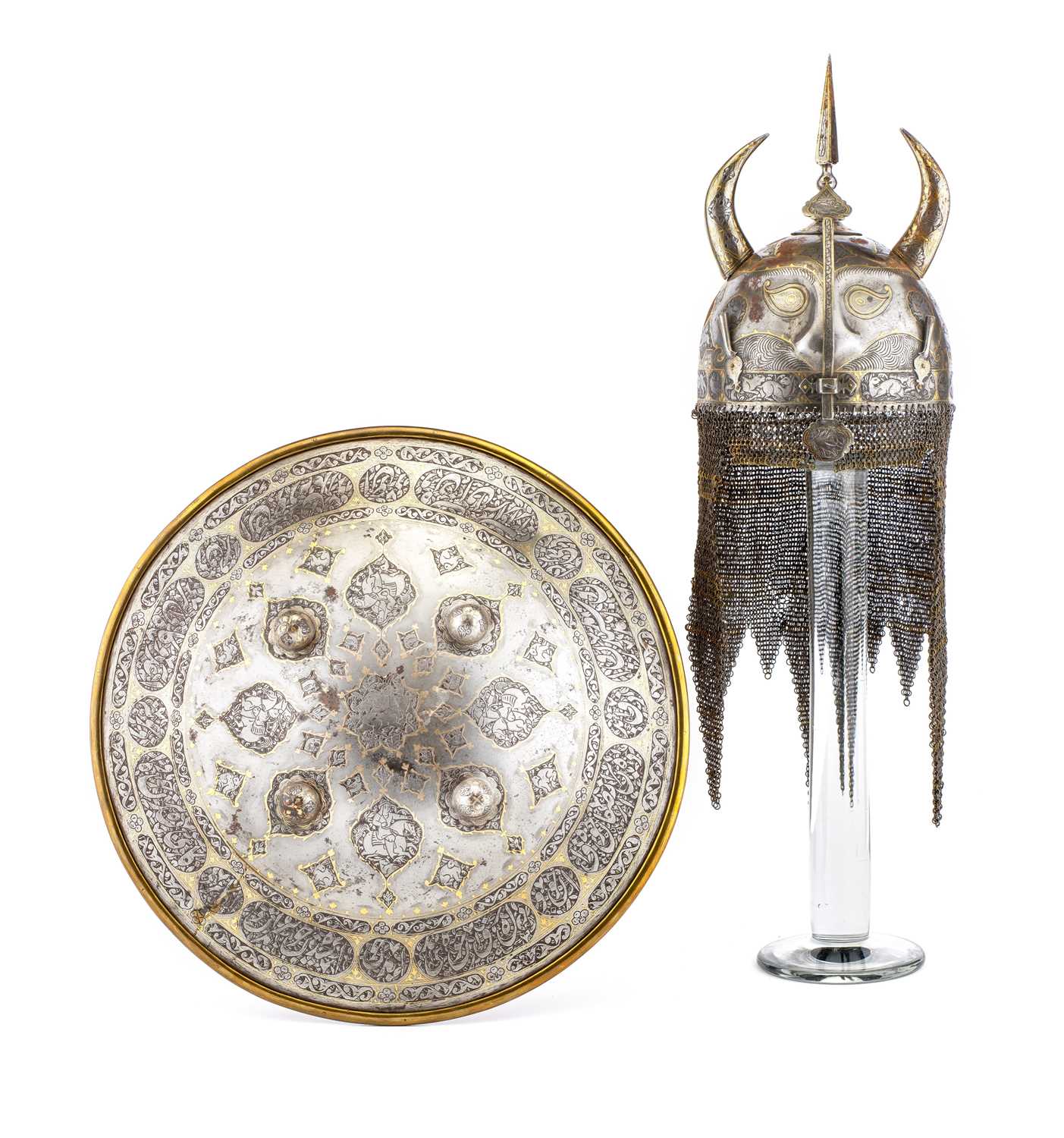 Lot 40 - â€¡A PERSIAN HELMET (KULAH-KHUD) AND SHIELD (DHAL)