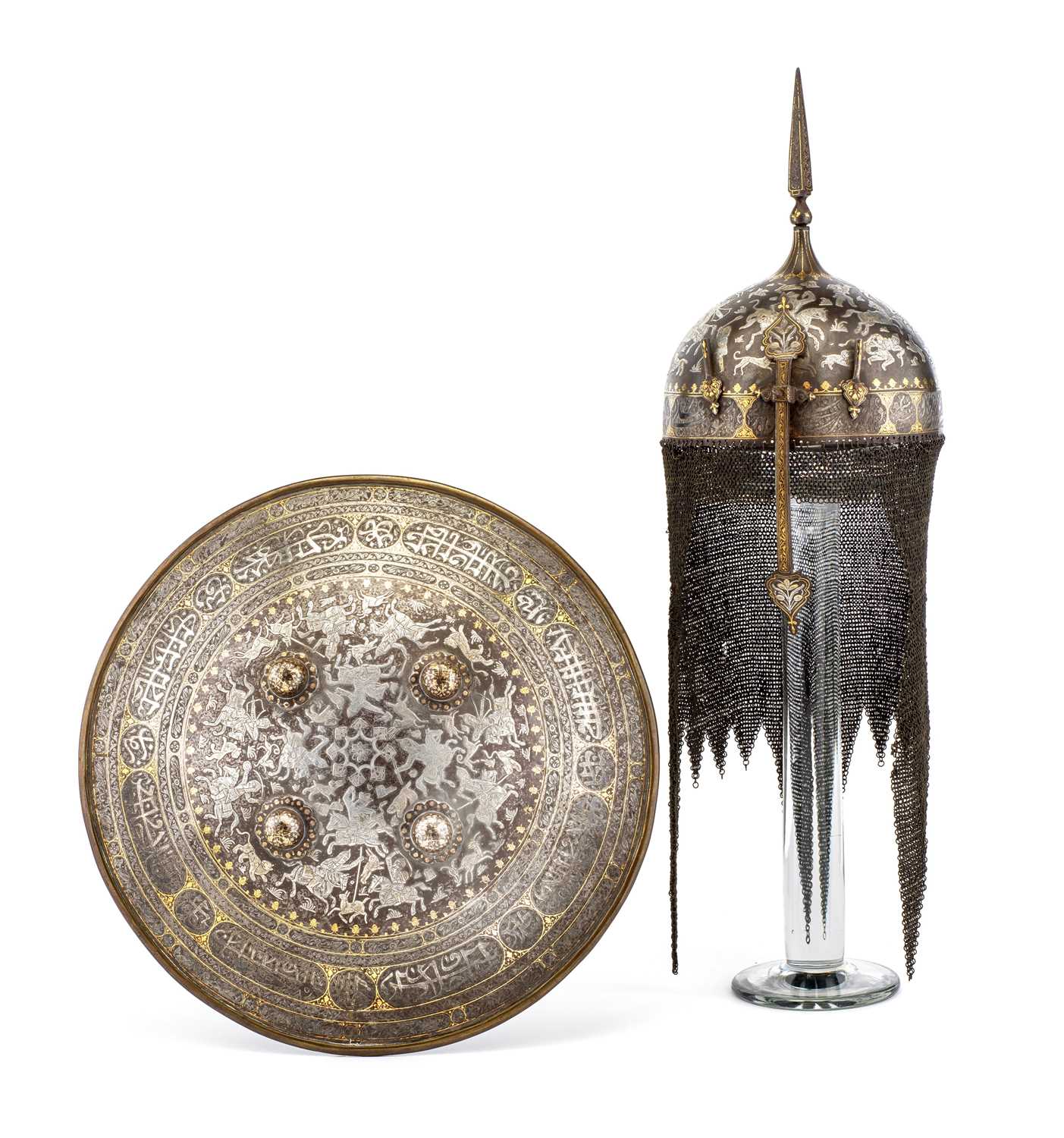Lot 41 - â€¡A PERSIAN HELMET (KULAH-KHUD) AND SHIELD