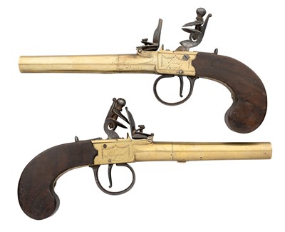 Lot 365 - A PAIR OF 28 BORE BRASS BARRELLED FLINTLOCK PISTOLS SIGNED ELIAS JOSEPH, LIVERPOOL, CIRCA 1800