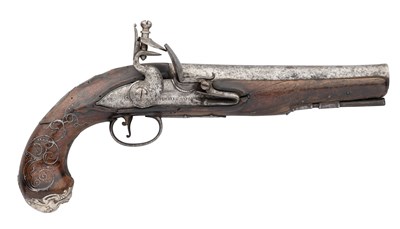 Lot 366 - A SILVER-MOUNTED FLINTLOCK PISTOL SIGNED NICHOLES, OXFORD, BIRMINGHAM PRIVATE PROOF MARKS, CIRCA 1780